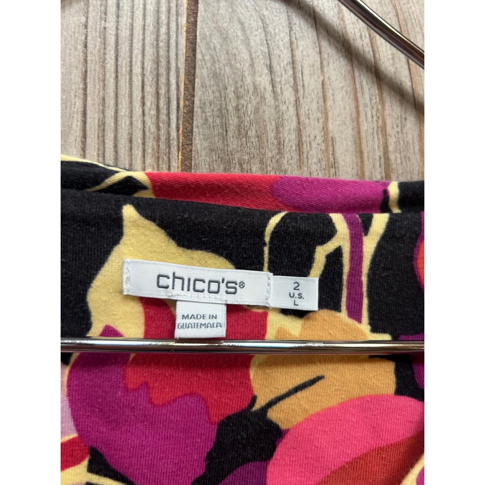 Chicos Floral Pima Cotton V-Neck Top Size 2 Large 3/4 Sleeve Multicolor Knit - Picture 4 of 6